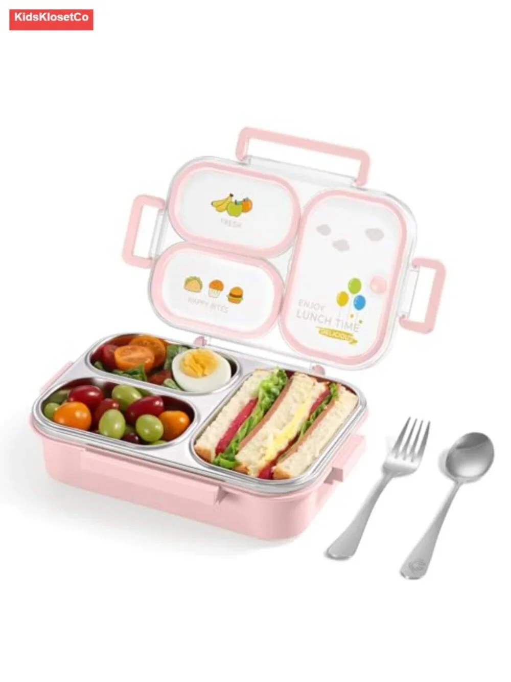 Stainless Steel Leak Proof 3-Compartment Bento Lunch Box with Fork & Spoon for